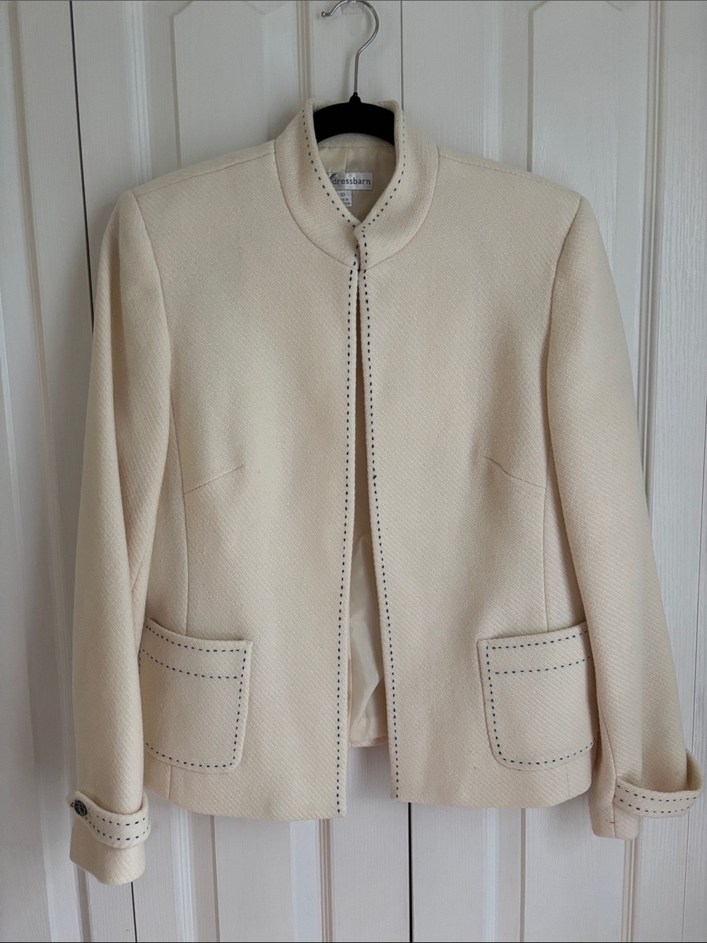 Dress barn Wool Blend Open Front Jacket. Cream with Contrast Stitching. Size 10